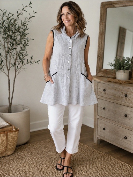 Yushi Tops - Yushi Made in USA Crinkle Check Tunic Top L White Black Sleeveless Front Pockets